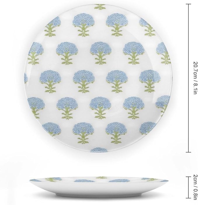 Hydrangea Springtime Blue Flower Ceramic Decorative Plate of 6", 7", 8", 10", Custom Christmas Design Wall Hanging Decoration Gifts Farmhouse Table Decorations Display, with Vertical Stand