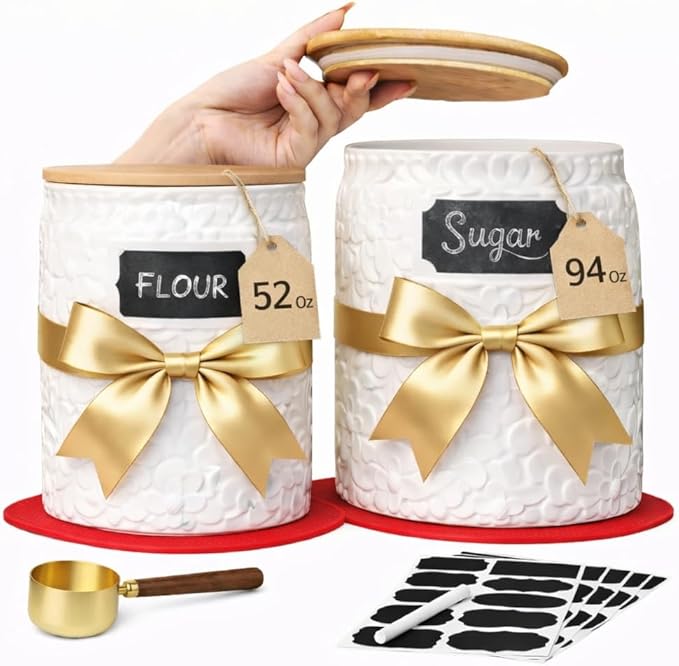 Canisters Set of 2 – White Ceramic Flour and Sugar Containers (94oz & 52oz) with Airtight Bamboo Lids, Decorative Kitchen Counter Storage Jars for Coffee & Pantry