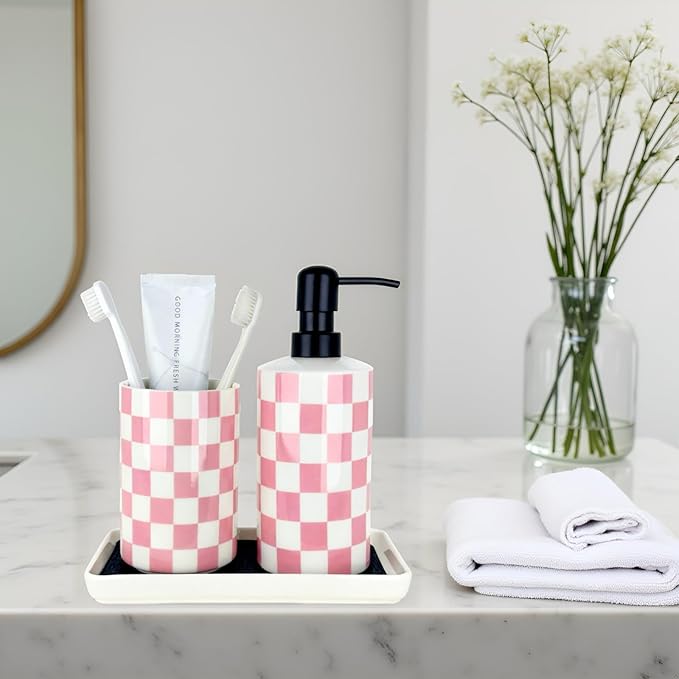 Ceramic Toothbrush Holder, Pink Toothbrush Holders for Bathrooms, Modern Cute Girly Tooth Brush Tumbler, Toothbrushes Toothpaste Cup for Bath Countertop Storage, Girls Bathroom Decor