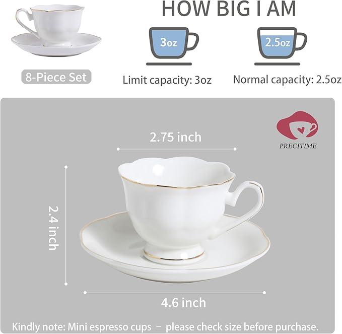White Porcelain Demitasse Set of 8 (16-Piece) - 2.5oz Espresso Cups & Saucers, Elegant White & Gold Trim Coffee Set for Turkish Coffee, After Dinner, Gift Giving