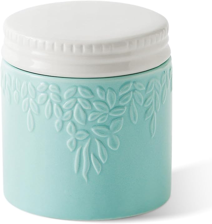 Toptier Butter Crock for Counter With Water Line, On Demand Spreadable Butter, Ceramic Butter Keeper to Leave On Counter, French Butter Dish with Lid (Blue Leaf)