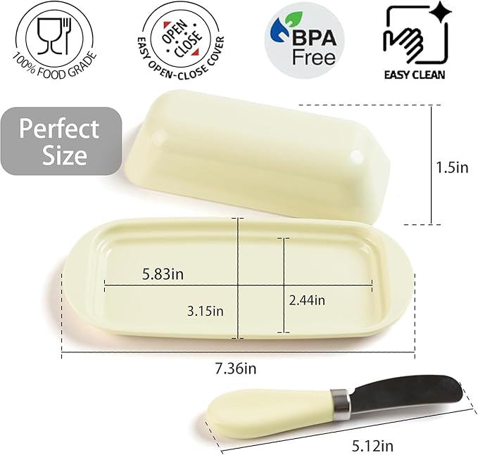 BPA-Free Melamine Butter Dish with Lid & Stainless Steel Knife - Farmhouse Butter Keeper for Countertop & Refrigerator, Dishwasher Safe, Holds 1 Stick with East & West Coast Butter-Cream