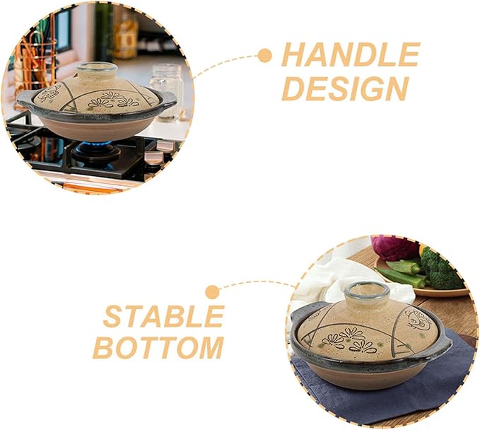 Hemoton Japanese Ceramic Donabe Pot, 7.99 Inch Brown Clay Casserole with Lid, Heat-Resistant Stew Pot for Soup, Rice, and Braised Dishes, Fish Grass Pattern for Home Cooking