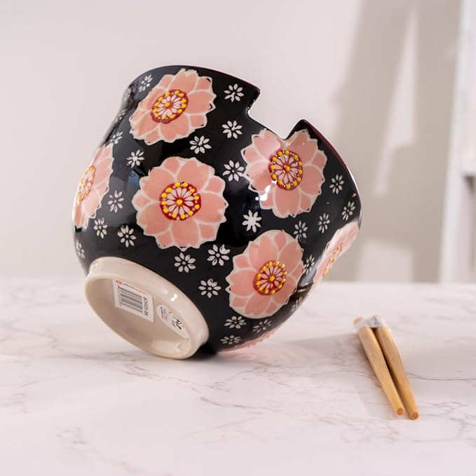 Urban Tokyo Handpainted Ceramic Glazed Japanese Ramen Udon Noodle Rice Bowl With Chopsticks 20 fl oz 5 inch Diameter Bowl Sets Color Box Packaging (Sakura Cherry Blossoms)