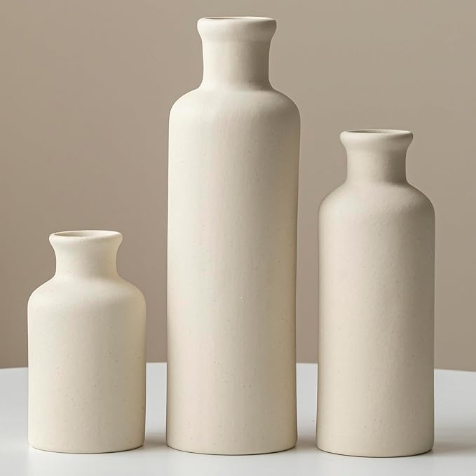 Modern Ceramic Vase Set of 3, Beige Colors, Decorative Bottles for Home, Farmhouse Rustic Decor, Housewarming Gifts, Wedding Gifts, Bridal Shower Gifts, Birthday Gifts for Women (Beige)