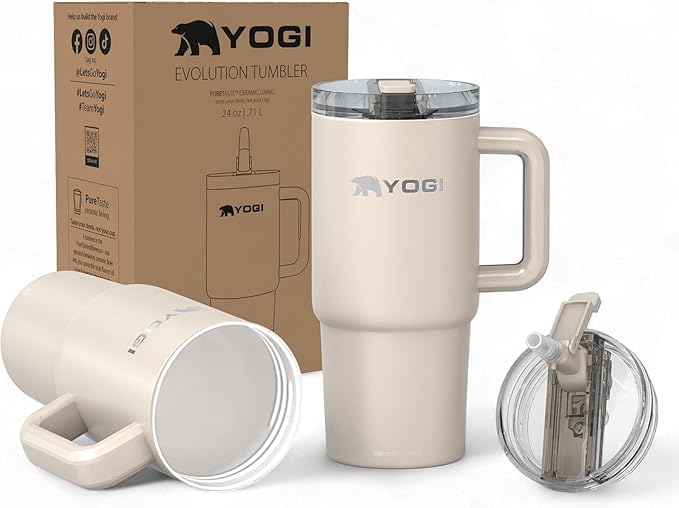 YOGI Ceramic Lined Metal Allergy Safe 24oz Tumbler with Handle and Straw Leakproof Flip & Sip Lid Vacuum Insulated Stainless Steel Travel Cup for Iced Coffee Water and All-Day Hydration 24oz Driftwood
