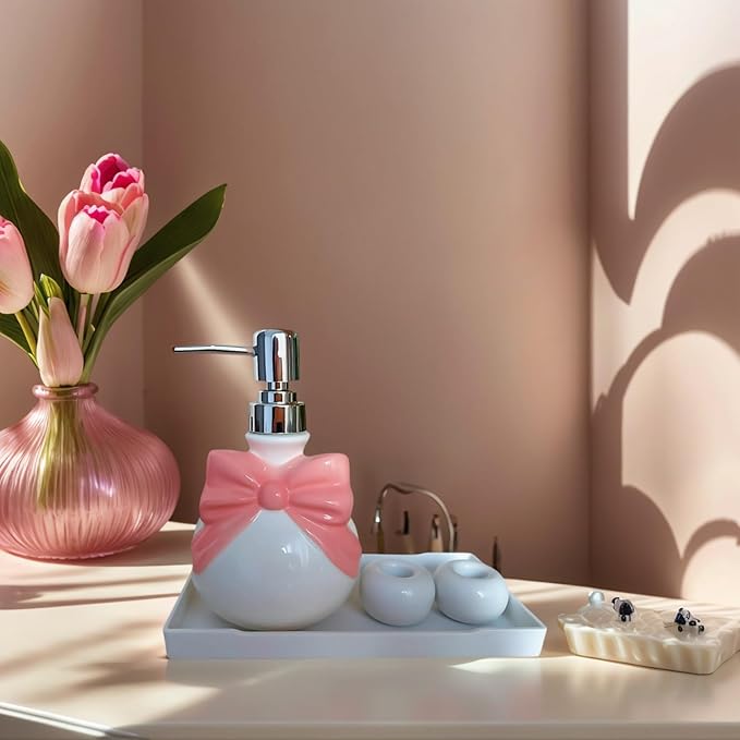 Pink Ceramic Soap Dispenser Set – Bow Design 12oz Dispenser with 2 Ceramic Toothbrush Holders & PP Tray, Refillable Cute Bathroom Accessories for Lotion, Hand Soap & Dish Soap