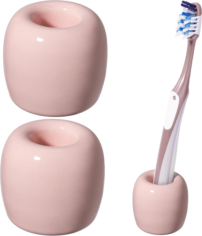 Urbanstrive Ceramic Toothbrush Holders for Bathrooms, Sleek Tooth Brush Holder Toothbrush Stand Tooth Brushing Holder, Portable Bathroom Accessories Organizer, Pink, 2 Pack