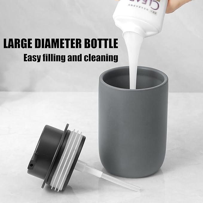 Hand Soap Dispenser for Bathroom Decro, Ceramic Liquid Pump Bottles Refillable Dish Dispenser for Kitchen Farmhouse Colleage Dorm, Matte Grey 2 Pack