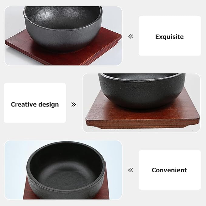 Cast Iron Bibimbap Bowl Set 15cm with Wooden Base Korean Stone Pot for Rice Soup Cooking Reusable Mixing Food Bowl Japanese Cuisine Serving Dinnerware