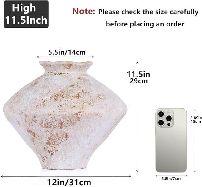 Whitewashed Terracotta Ceramic Vase, 11.5" Large Rustic Farmhouse Pottery Vase with Wide Mouth, Watertight Flower Vase for Fresh Flowers, Pampas Grass and Table Centerpieces Decor