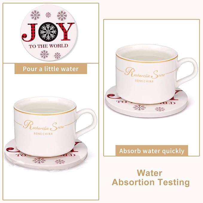 6 Pcs Ceramic Christmas Coasters with Holder Best Absorbent Drink Coasters Set Cute Xmas Holiday Coaster Set Coffee Table Decor Funny Christmas Decoration Housewarming Gift Festive Cup Coasters