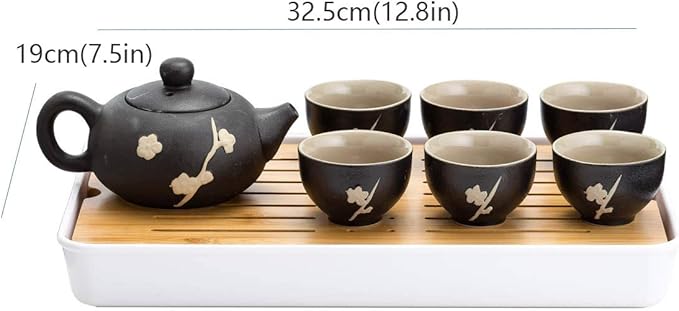 TJ Global Chinese/Japanese Ceramic Tea Set, 100% Handmade Traditional Tea Ceremony Set with Teapots, 6 Teacups, Bamboo Tea Tray with Drainage (Black)