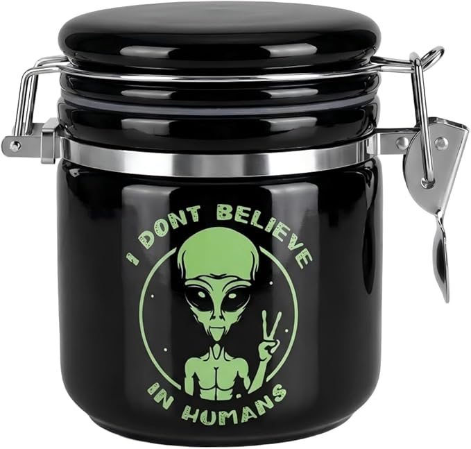 Alien Smell Proof Jar Half Oz (250ml), Separate Space for Humidity Pack To Keep Herbs Fresh For Months - Ceramic Smell Proof Containers, ET Stash Jar with Clamp Lid - Double Sealed Airtight Jar -Black