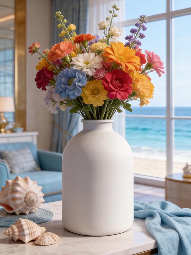 White Vase for Flowers, 8.7 Inch Large Iron Flower Vase for Centerpieces, Tall White Matte Vases for Pampas Grass, Coffee, Modern Minimalist Dining Tables, Entryway, Kitchen, Bathroom Home Decor