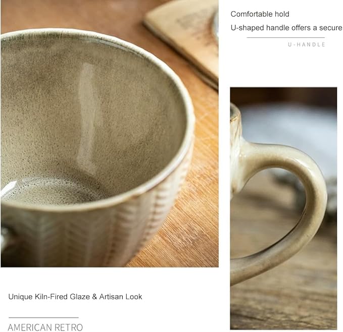 Large Mug, Ceramic Cup with Wood Saucer Set of 1, Cup for Coffee Tea Cereal Breakfast Milk Hot cocoa, Vintage Wheat Embossed Stoneware Mug, 13.3oz/400ml - Microwave Dishwasher Safe