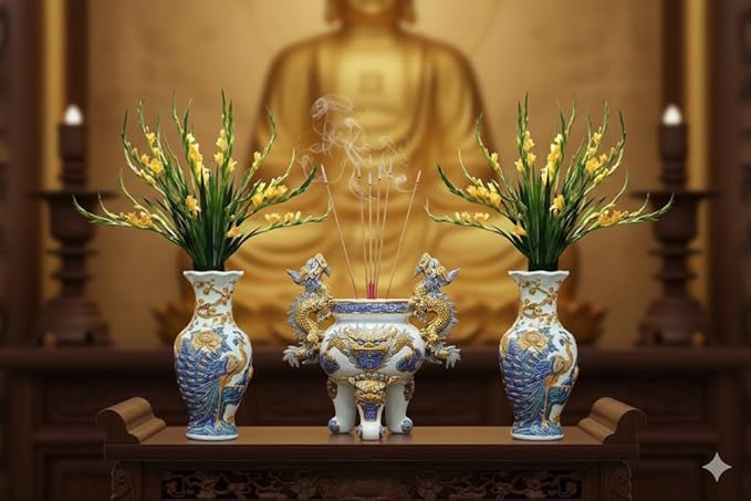 HERITAGE T&T Peach Flower Altar Vase Pair – Bat Trang Handmade Ceramic – Buddhist Altar Flower Vase Set – Traditional Asian Home Decor – 1 Pair (2 Vases) - Blue & Yellow Glaze - 30 cm (11.8 in)
