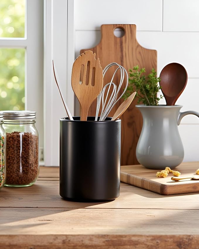 Kitchen Utensil Holder, Large Utensil Holders for Countertop,Ceramic Utensil Crock, Deep and Stable, Cooking Utensil Holder, Embossed Pattern (Black) 6.3''*5.3‘’