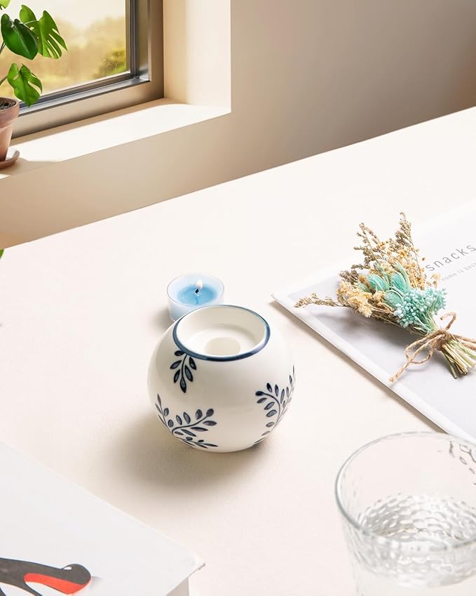 Ceramic Tealight Candle Holder, Chinoiserie Candlestick Holder for Taper Candle, Blue and White Decor, Leaf