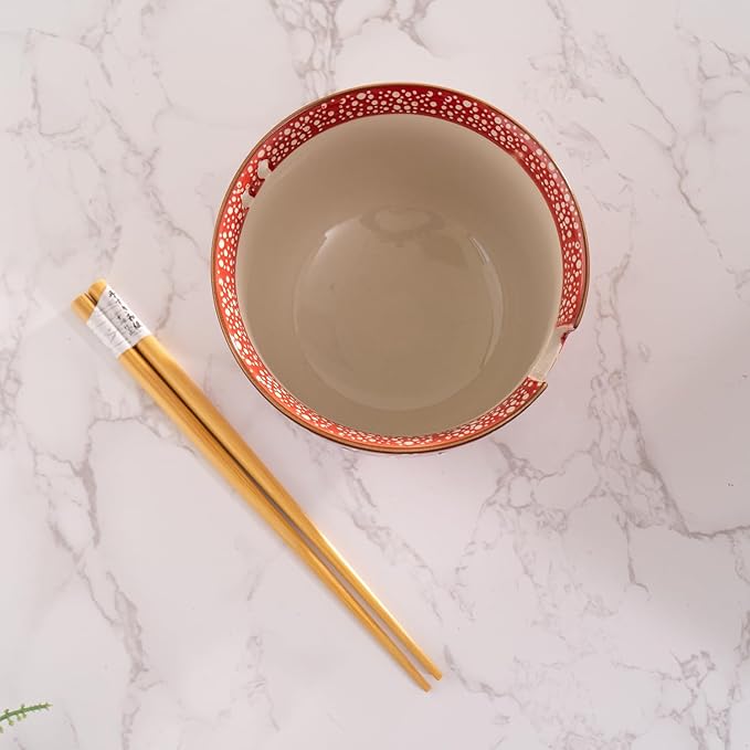 Urban Tokyo Handpainted Ceramic Glazed Japanese Ramen Udon Noodle Rice Bowl With Chopsticks 20 fl oz 5 inch Diameter Bowl Sets Color Box Packaging (Red Sakura Cherry Blossoms)