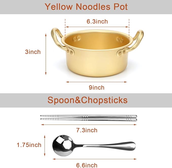 Korean Ramen Cooking Pot, AHIER Korean Ramen Noodle Pot With Lid, Spoon and Chopsticks (1pair), Fast Heating for Kitchen Cookware (Double handle) (6.3in)