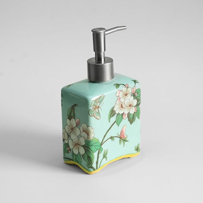 Ceramic Soap Dispenser, Lotion Bottle, Soap Bottle with Removable Pump, Flower Pattern Dispenser for Kitchen Soap, Bathroom Soap, Lotion and Essential Oil-Cyan-13 OZ