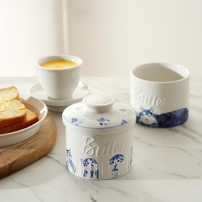 Toptier Butter Crock for Counter With Water Line, On Demand Spreadable Butter, Ceramic Butter Keeper to Leave On Counter, French Butter Dish with Lid (Hungry Cat)