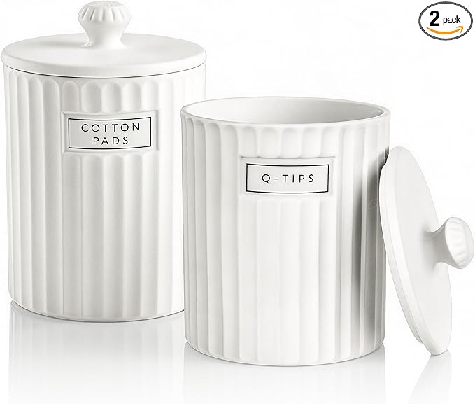 White Ceramic Bathroom Organizer and Storage Jars with Lid, 2 Pack Qtip Holder and Cotton Pad Dispenser, Apothecary Canisters for Vanity, Kitchen Countertop, Home Decor