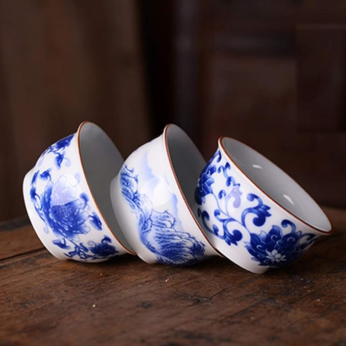 Chinese Handmade Kungfu Tea Cup 60 ml,Bone China Blue and White Tea Cups Set of 3,Ceramic Tea Mugs Without Handles,Best Gift