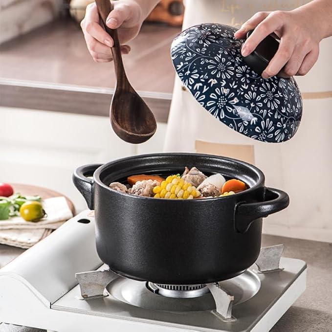 Japanese Clay Pot for Cooking with Lid, Ceramic Casserole Dish & Korean Stone Pot Alternative, Durable Earthenware Nabe Cookware for Rice, Stew E 2.5L