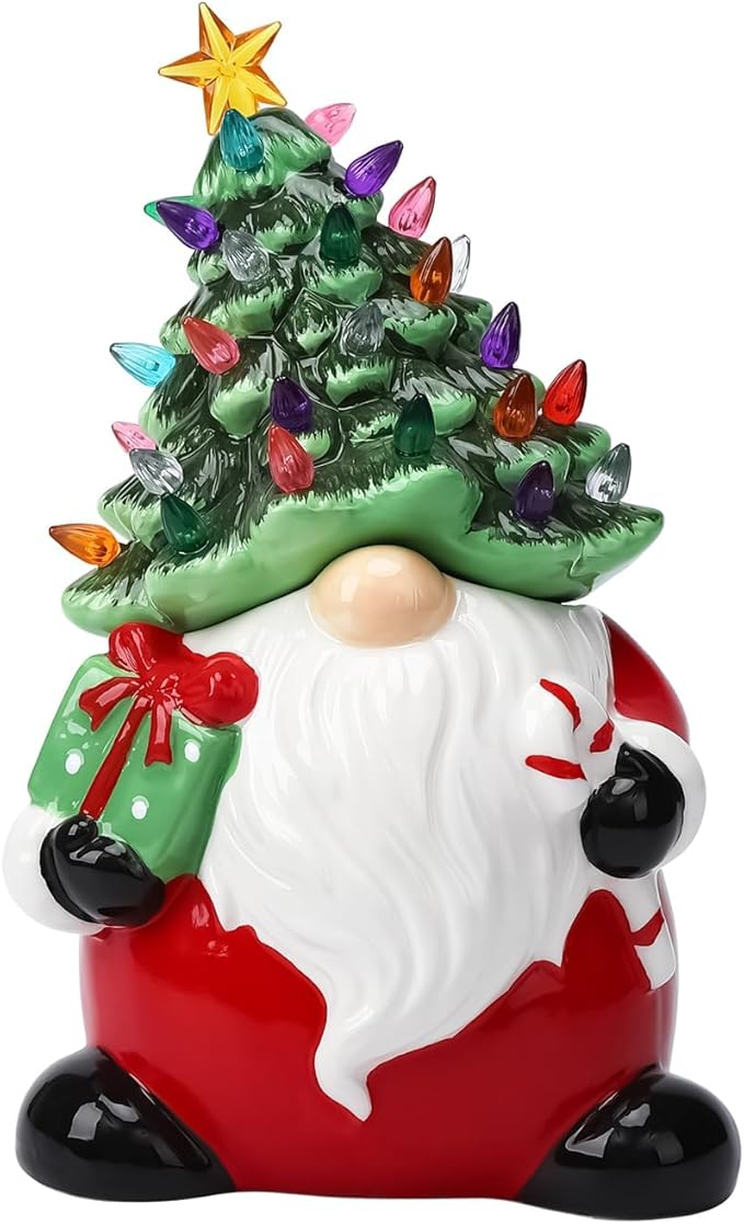 Garvee 13" Battery Powered Ceramic Santa Christmas Tree with 50 Colorful LED Lights, Vintage Tabletop Decor, Holiday Candy Jar for Home, Desk, Office & Gift