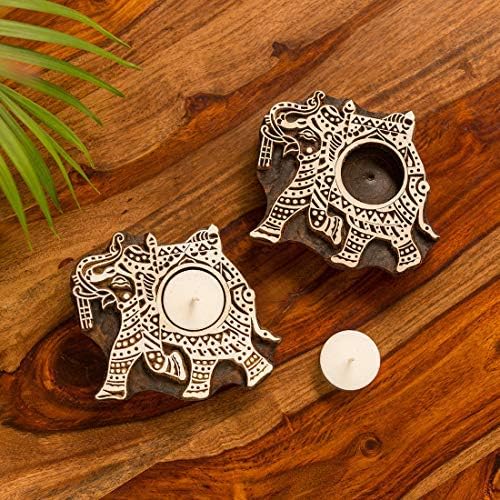 Western Eiderdown Presents Elephant Hand-Carved Block Tea Light Holder (Set of 2, Sheesham Wood) - Decorative Tea Light Candle Holder for Home Décor Votive Tea Light Holder T #Aport-200