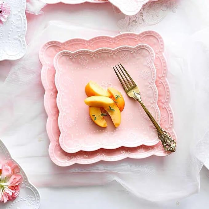 Eplze YBK Tech Elegant Square Embossed Lace Plate Bone China Dessert Plate Ceramic Plate for Breakfast Afternoon Tea (Pink, 6-inch)