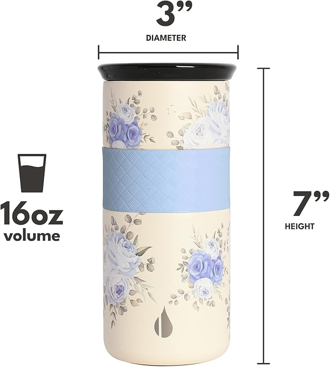 Elemental Artisan Insulated Tumbler, Triple Wall Coffee Travel Mug, Reusable Stainless Steel Coffee Tumbler with Ceramic Lid, Thermal Coffee Cups for Hot (6 Hrs) & Cold (18 Hrs), 16oz - Blue Blooms