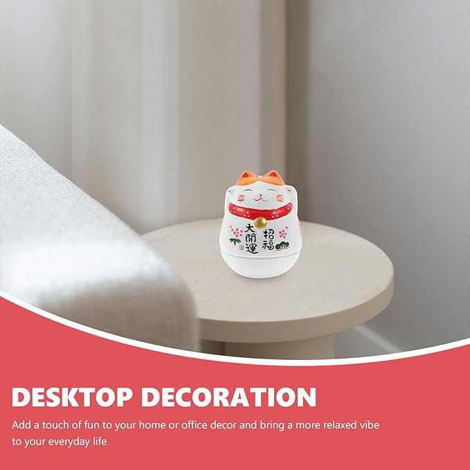 jojofuny Ceramic Cat Tumbler Figurine White Lucky Cat Ornament with Orange Ears Japanese Style Desktop Decor Auspicious Collectible Gift for Home Office