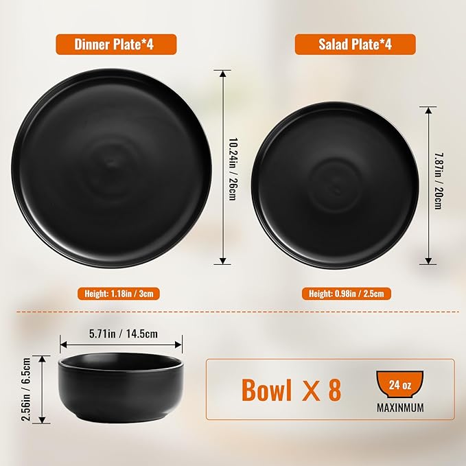 EWFEN Plates and Bowls Sets, 24 Pieces Ceramic Dinnerware Set for 8, Stoneware Dishware Dishes Set, Scratch Resistant Dishes Set, Dishwasher & Microwave Safe, Black