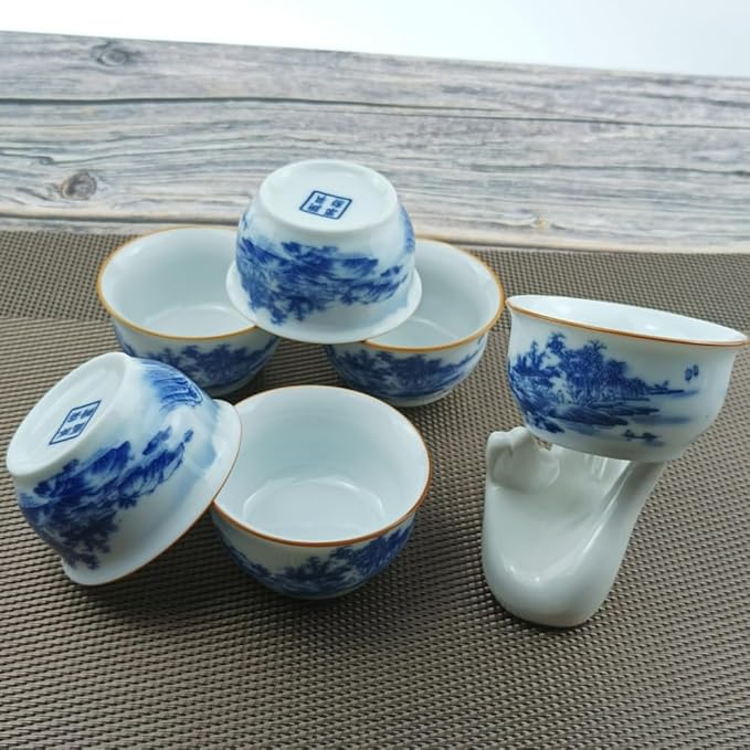 Chinese Handmade Kungfu Tea Cup 60 ml,Bone China Blue and White Tea Cups Set of 12,Ceramic Tea Mugs Without Handles,Best Gift（Landscapes）
