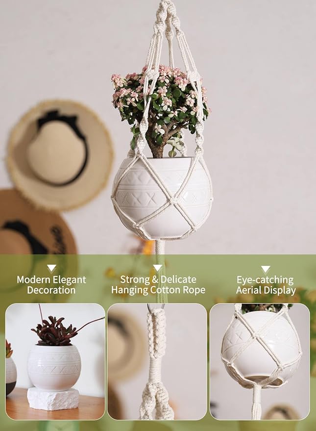 TAMAYKIM 6 Inch White Hanging Planter with Durable Rope - Drum Shape Flower Pot for Indoor Outdoor Plants, Balcony Garden Decor (Plants Not Included)