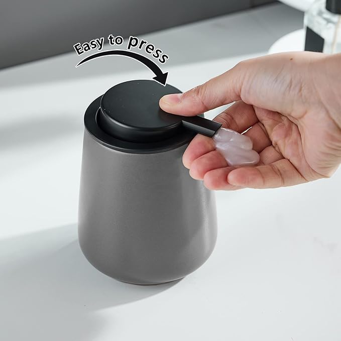 12Oz Grey Soap Dispenser Set - Ceramic Lotion Hand Soap Dispenser Set with Easy-to-Press Black Pump, Refillable Mordern Liquid Dish Soap Dispensers for Bathroom & Kitchen, 2 Pack