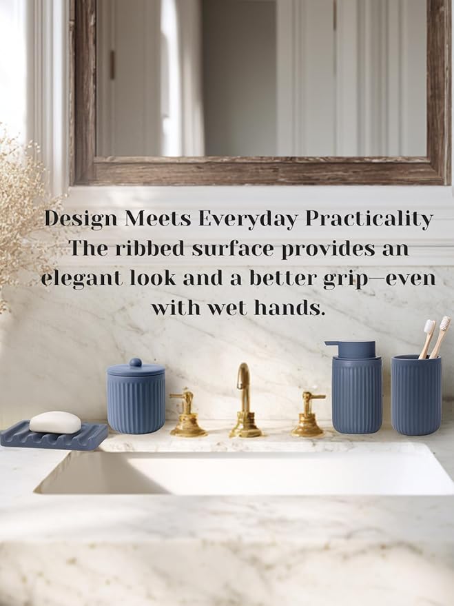 INGOFIN 4 Pcs Ceramic Bathroom Accessory Set - Liquid Soap Dispenser, Toothbrush Holder,Contain Cotton Swab Jar & Soap Dish,Countertop Accessories for Home, Guest Bathroom, Office, Matte Blue