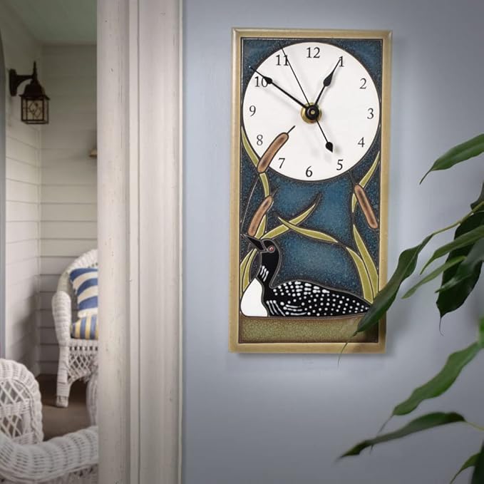 Modern Artisans Loon in Cattails Mini Ceramic Art Wall Clock, 3.75" x 7.75" | Artisan-Made, Earthy Colors