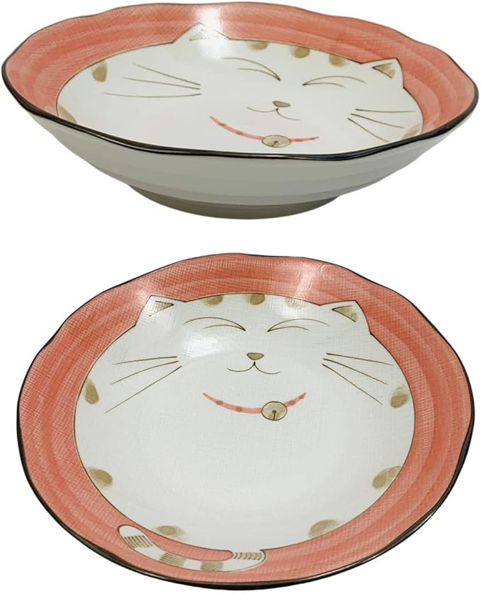 JapanBargain, Set of 2 Japanese Soup Bowls Shallow Porcelain Bowl for Curry Rice Cereal Poke Salad and Dessert, Maneki Neko Smiling Cat Pattern, Made in Japan, 8.5 inch, Pink Color