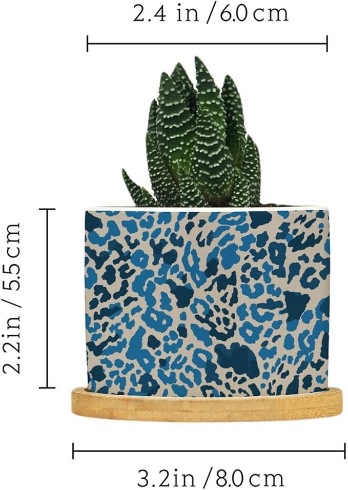 Leopard Blue and Light Brown Dot Planter Ceramic African Tribal Animal Print Round Flower Pots with Drainage Holes and Bamboo Tray Pot for Home Desktop Office Windowsill