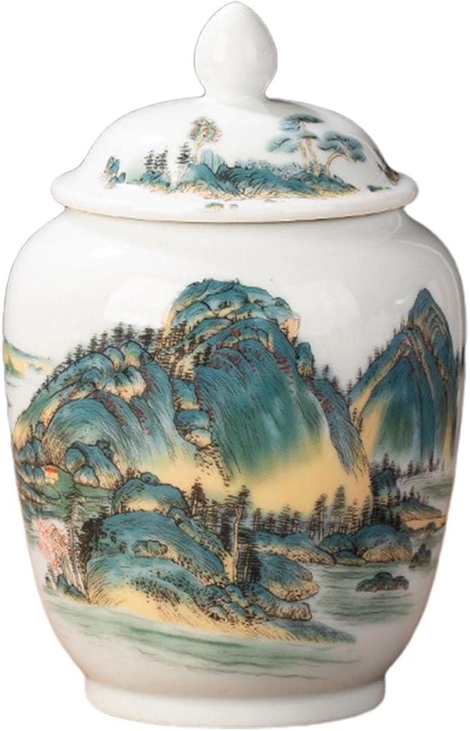 Fenteer Ceramic Ginger Jar Vase Multi Purpose Decorative with Lid Porcelain Jars Asian Ginger Jar for Home Decor Countertop Home Floral Arrangement, Landscape