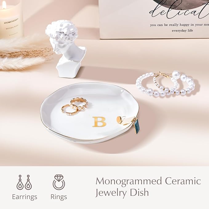 ProCase Ceramic Jewelry Tray, Initial Ring Dish Trinket Plate Engagement Gift, Small Personalized Monogram Ring Bowl for Wedding, White Decorative Jewelry Holder for Women Vanity -Letter B