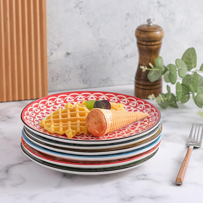Dessert Plate Set of 6-8 Inch Ceramic Salad and Appetizer Plates - Vibrant Mix-and-Match Colors - Dishwasher and Microwave Safe