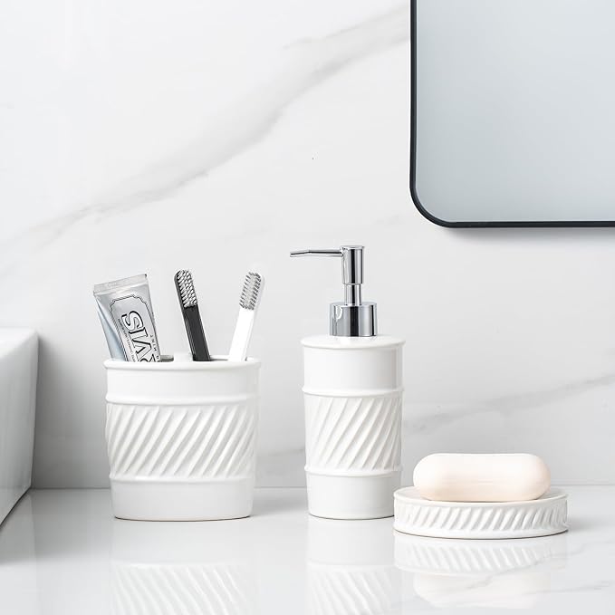 3-Piece Ceramic Bathroom Accessories Set - Soap Dispenser, Toothbrush Holder & Soap Dish with Modern Wave Embossed Design for Bathroom Accessory Set (White)