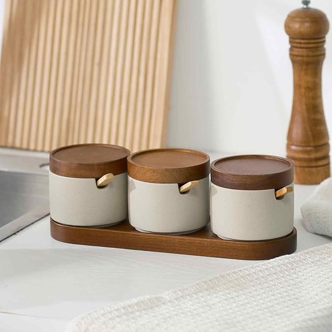 3-Pack Ceramic Spice Jars with Spoons & Acacia Wood Lid - Sugar Container, Salt and Seasoning Containers on Wooden Tray for Kitchen, Dining Table, Coffee Bar