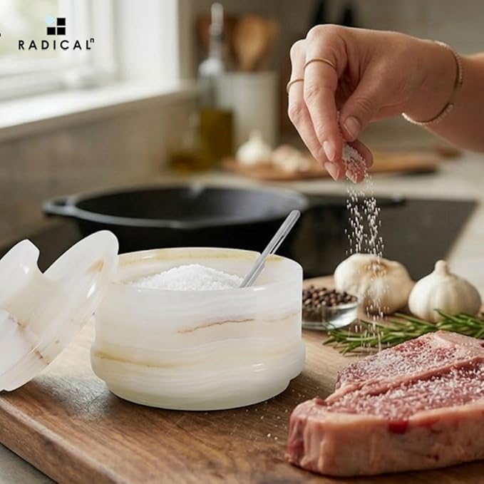 Radicaln Marble Salt Cellar with Lid 4" Inch White Onyx Handmade Salt Jar & Table Salt Storage For Kitchen Countertop, Ideal Salt Container, Salt Dish & Sugar Bowl For Tabler Counter, Spice Jar