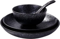 4-Piece Ceramic Dinnerware Set, Plate, Dish, Bowl, Spoon, Japanese Hand-painted Tableware set, A Good Tableware (Black)